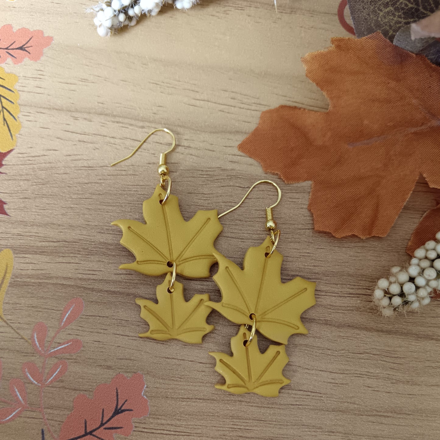 Gold Maple Leaf Dangle Hook Earrings