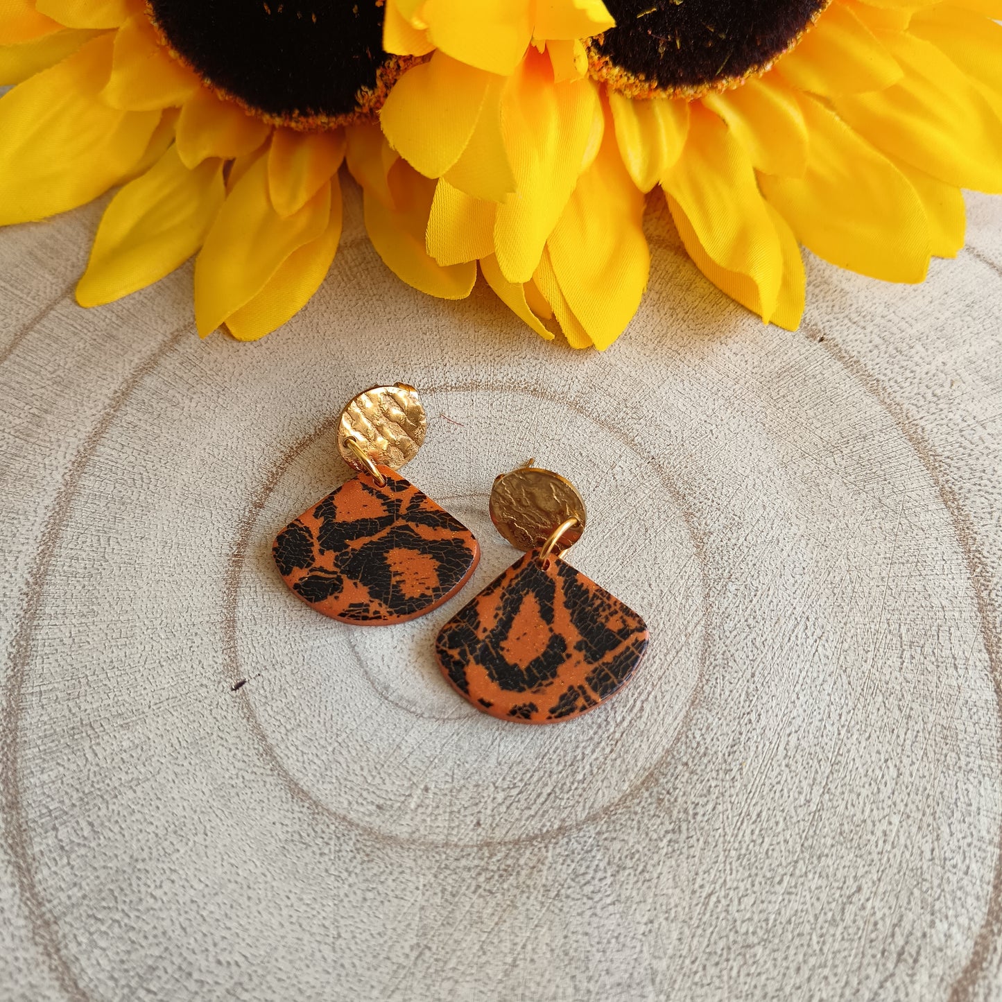 Giraffe Cracked Effect Print Orange & Black Stud Earrings