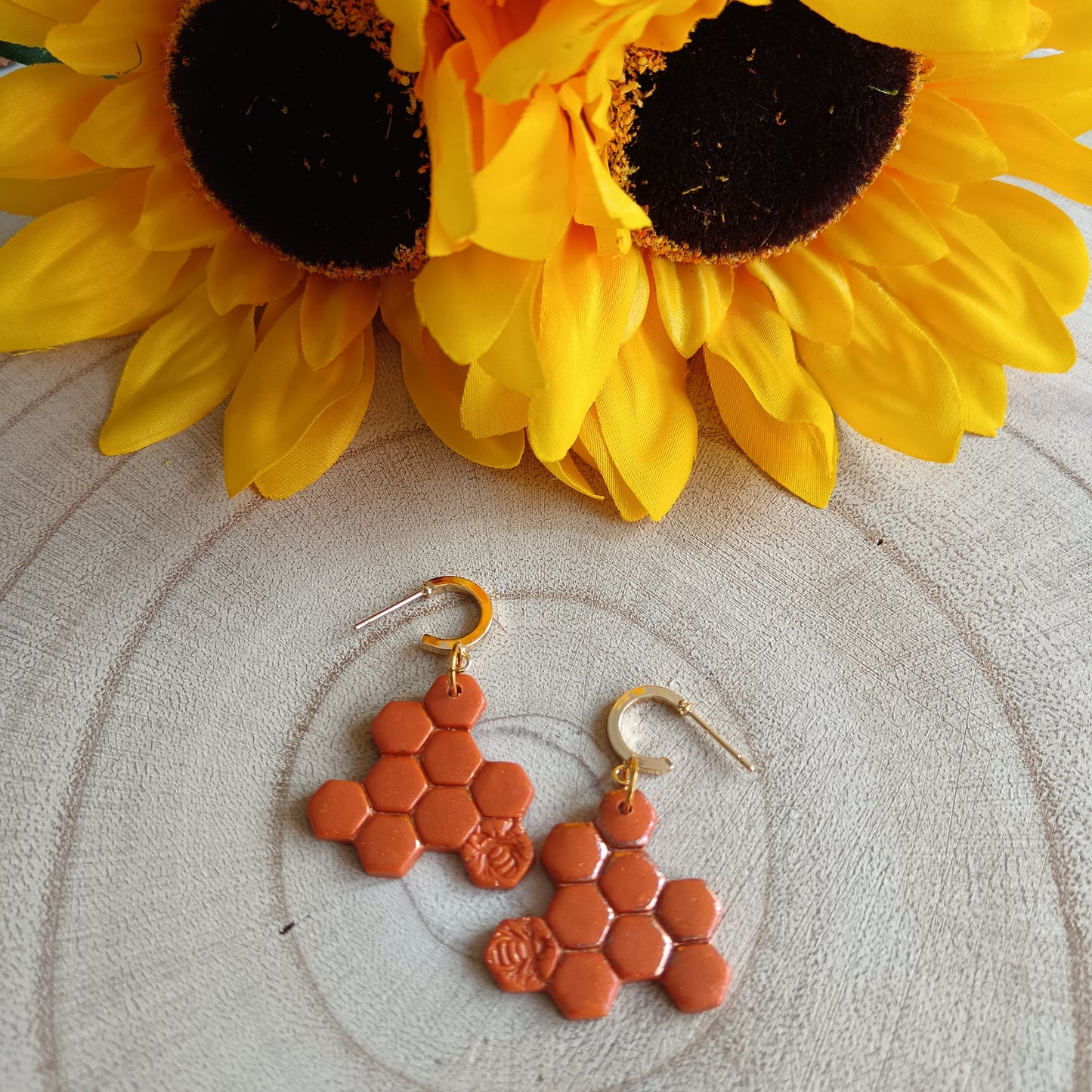 Bee & Honeycomb Orange & Gold Half Huggie Hoop Earrings