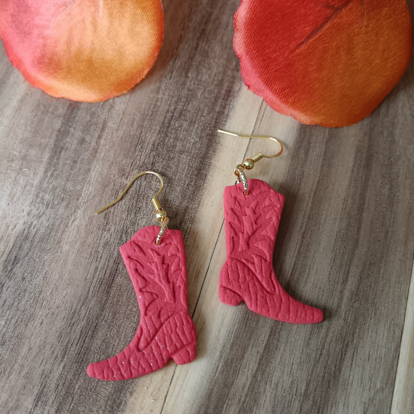 Cowgirl Boots Leather Texture Burnt Orange Hook Earrings