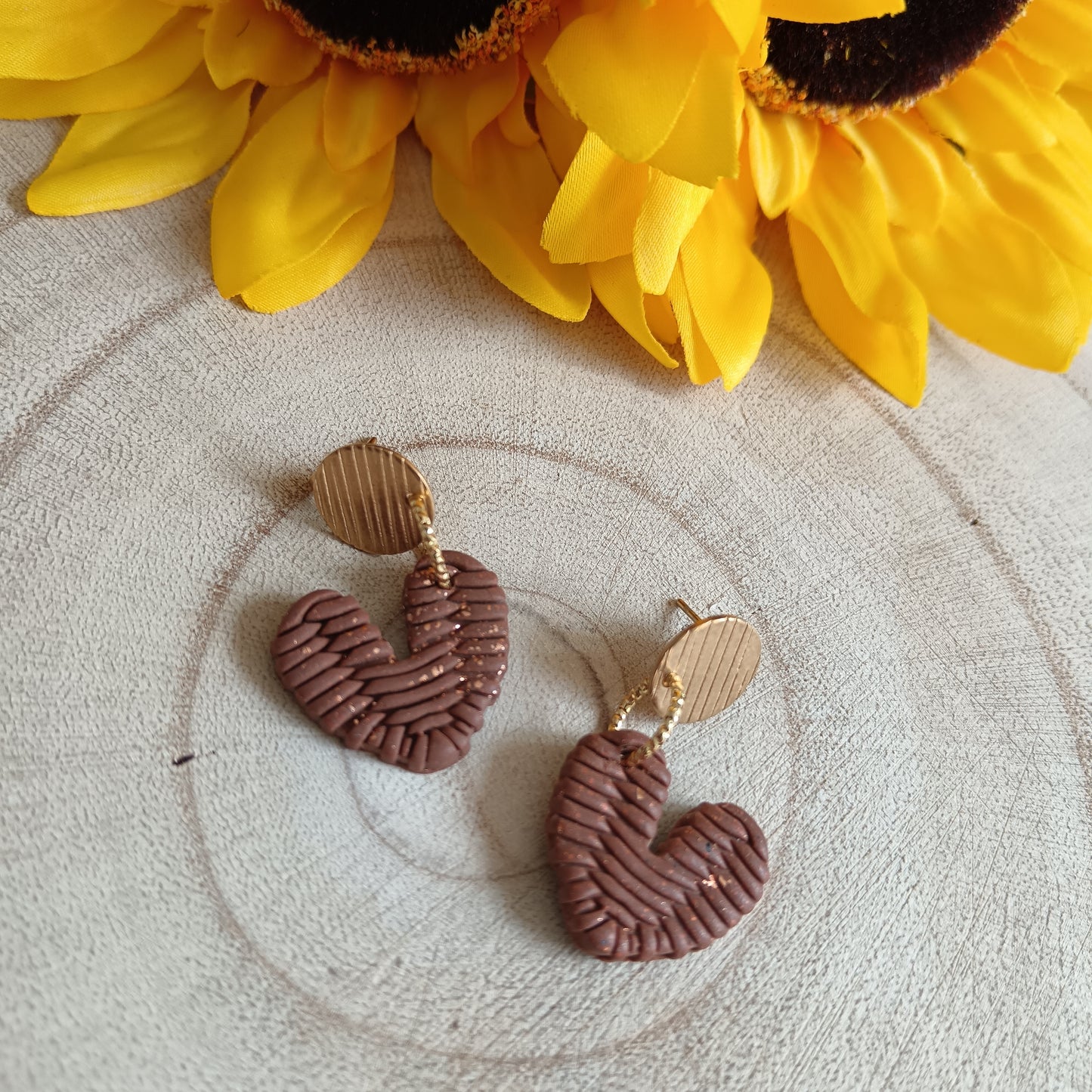 Rattan Heart Brown & Gold Stud Earrings