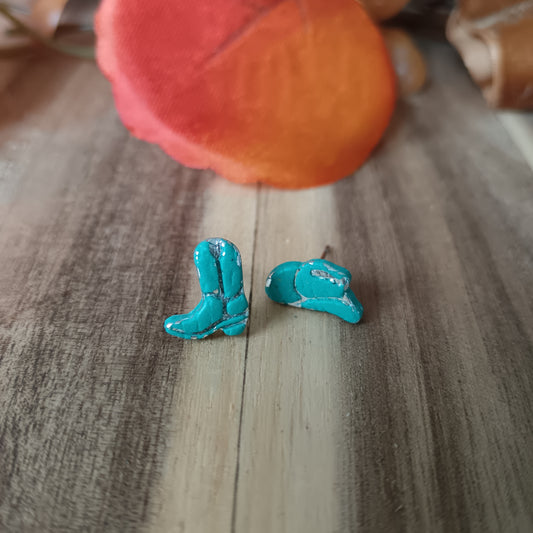 Micro Cowgirl Turquoise & Silver Boot & Stetson Stud Earrings