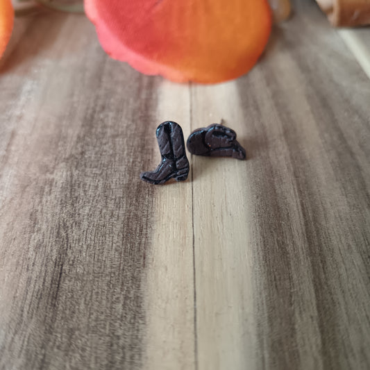 Micro Cowgirl Chocolate Brown & Black Boots & Stetson Stud Earrings