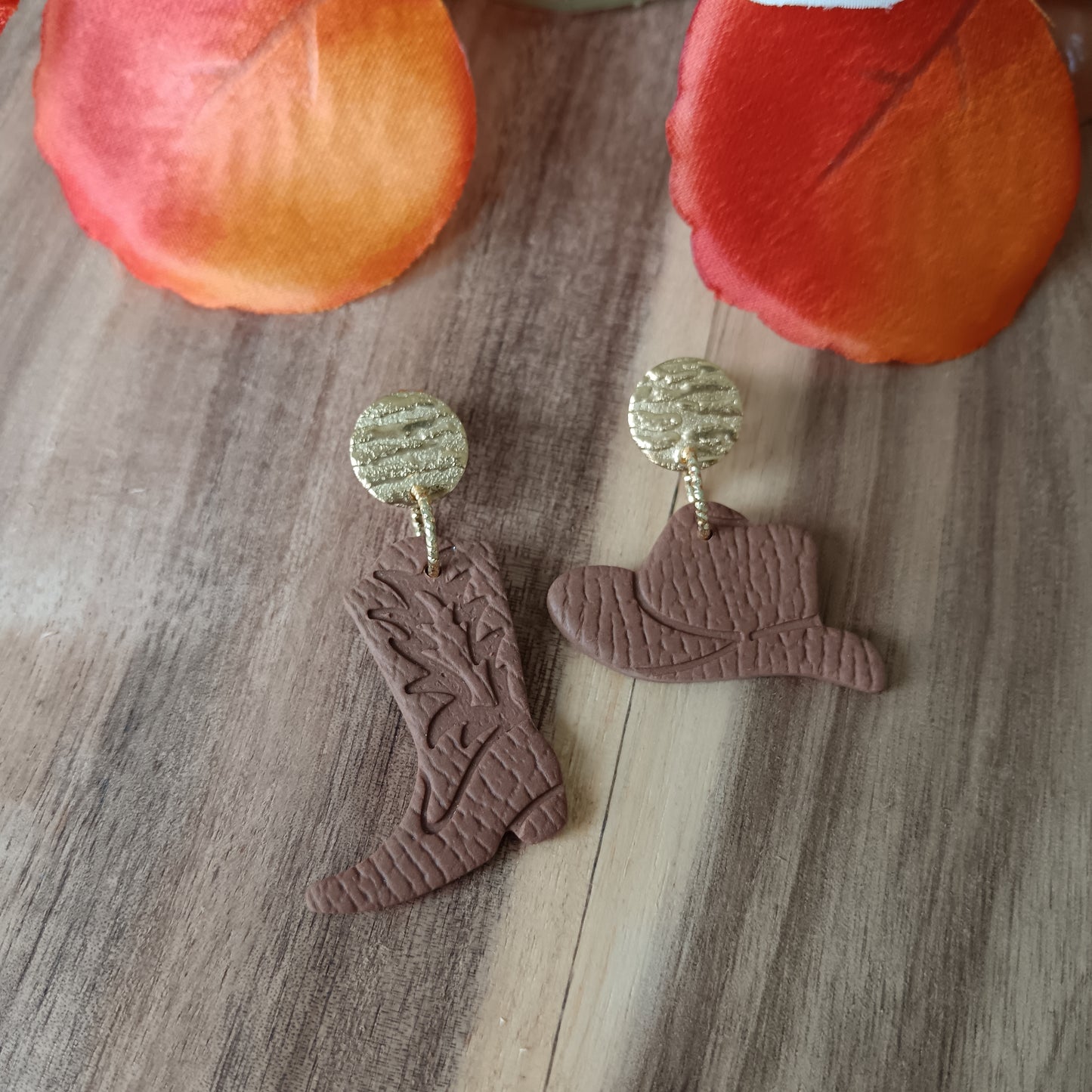 Cowgirl Boots & Stetson Leather Texture Caramel Brown Stud Earrings