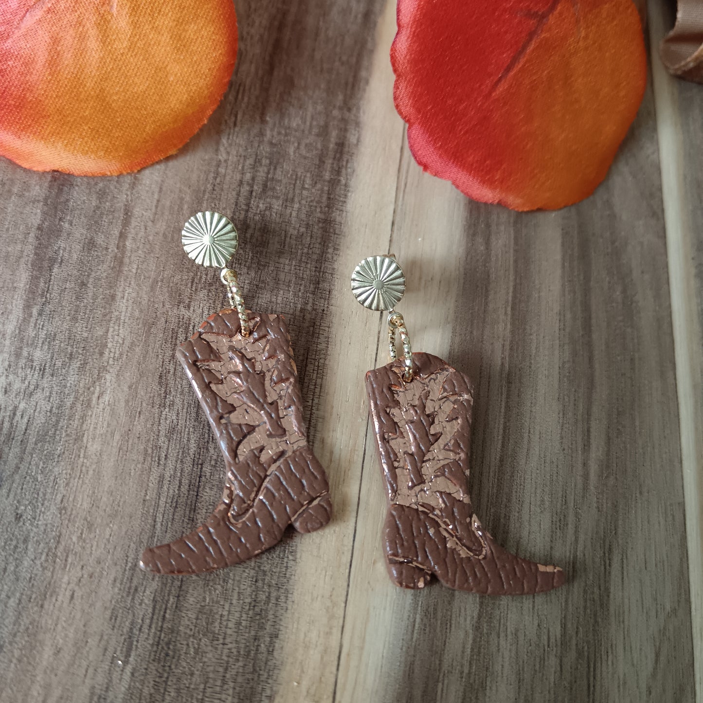 Cowgirl Boots Leather Texture Caramel Brown Stud Earrings