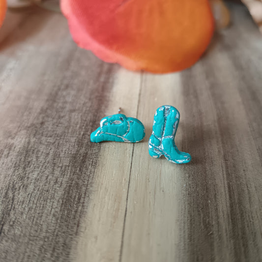 Micro Cowgirl Turquoise & Silver Boot & Stetson Stud Earrings