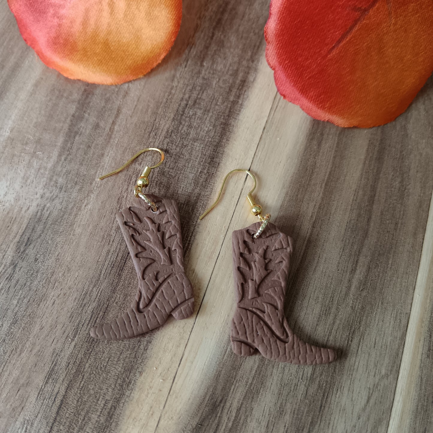 Cowgirl Boots Leather Texture Caramel Brown Hook Earrings