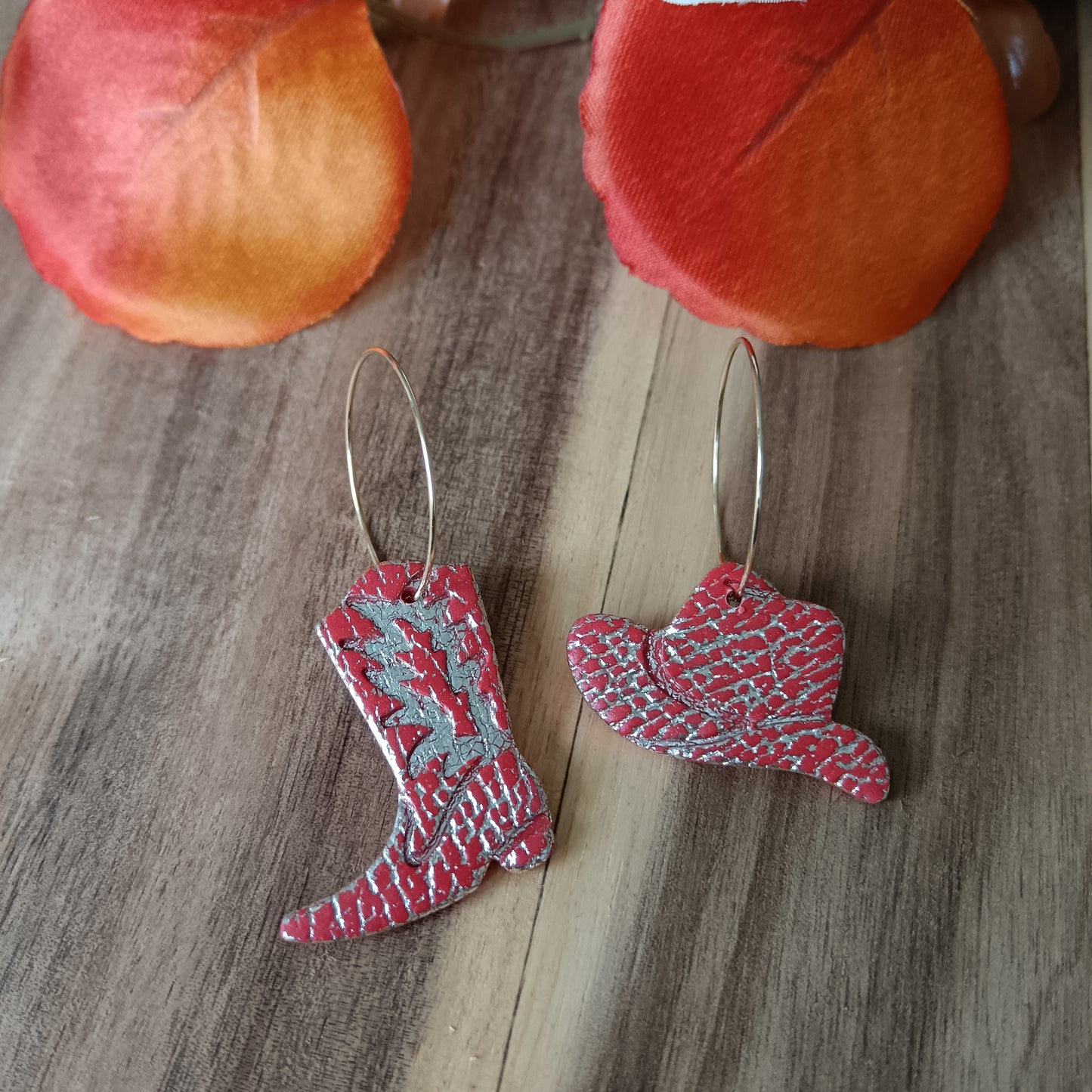 Cowgirl Boots & Stetson Leather Texture Burnt Orange & Gold Hoop Earrings