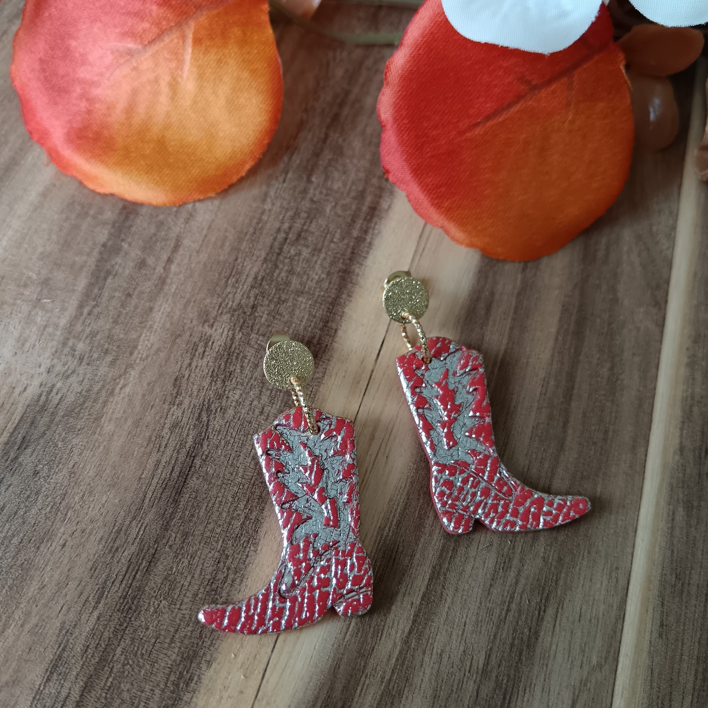 Cowgirl Boots Leather Texture Burnt Orange & Gold Stud Earrings