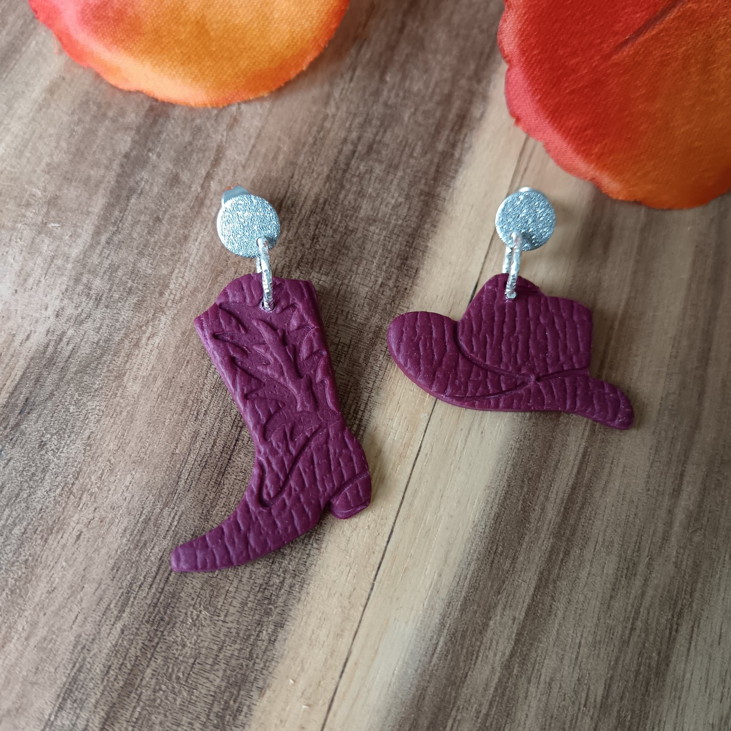 Cowgirl Boots & Stetson Leather Texture Burgundy Stud Earrings