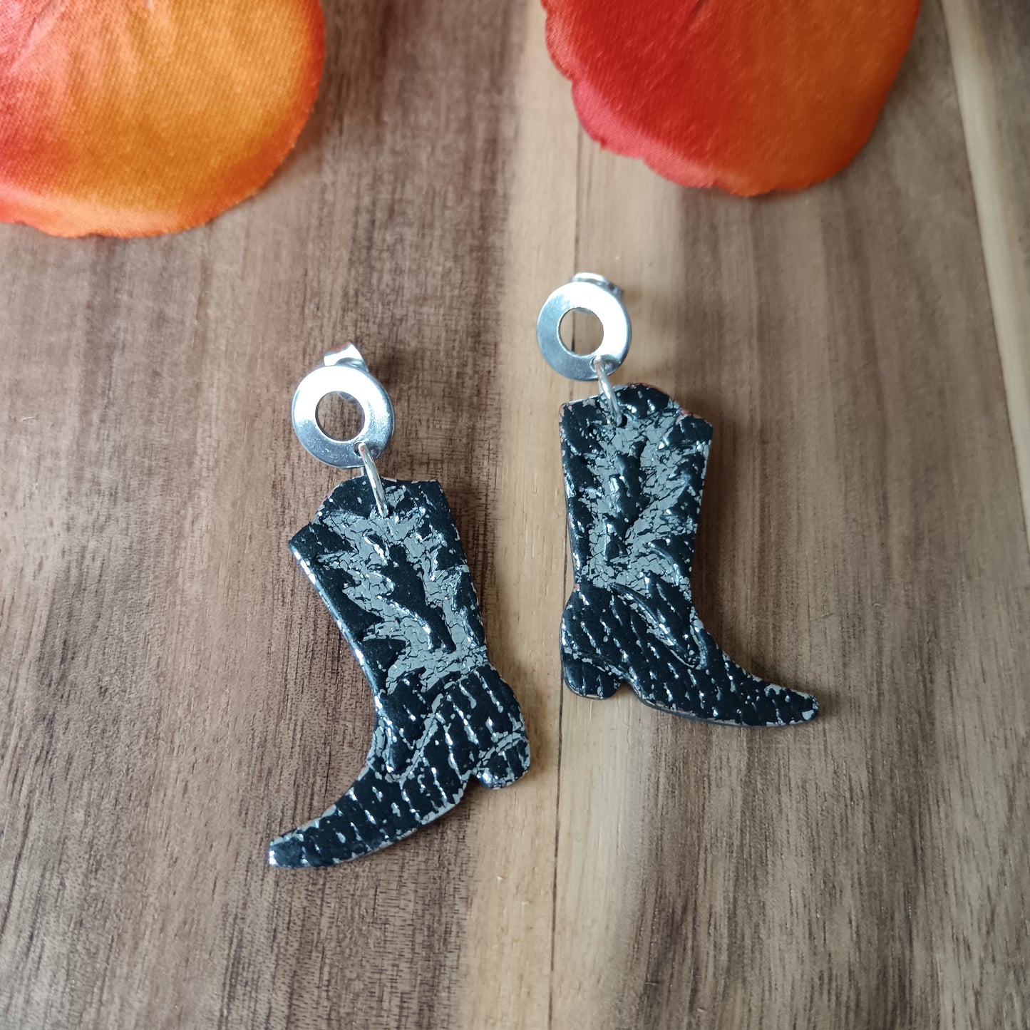 Cowgirl Boots Leather Texture Black & Silver Stud Earrings