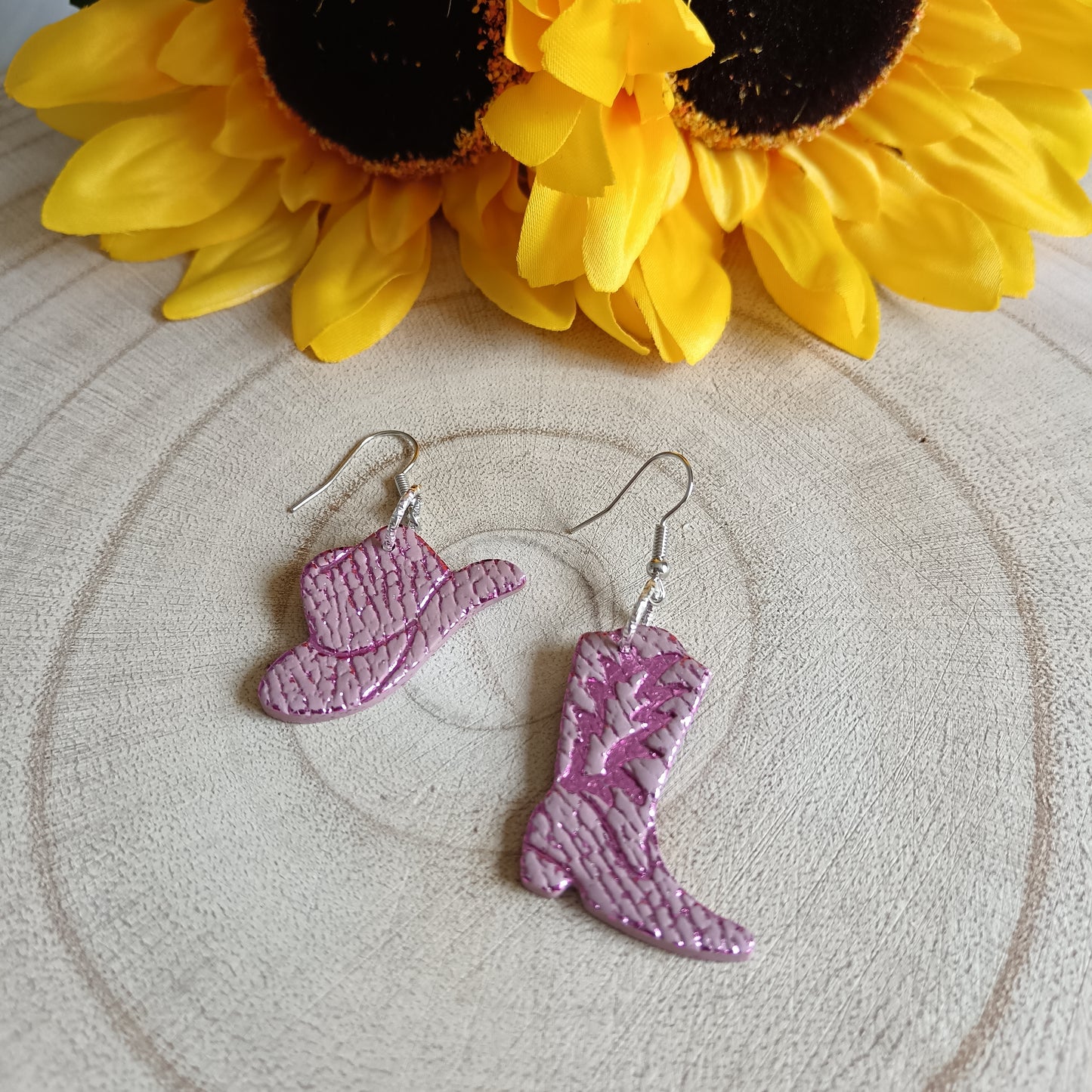 Cowgirl Boots & Stetson Leather Texture Pink Glitter Hook Earrings