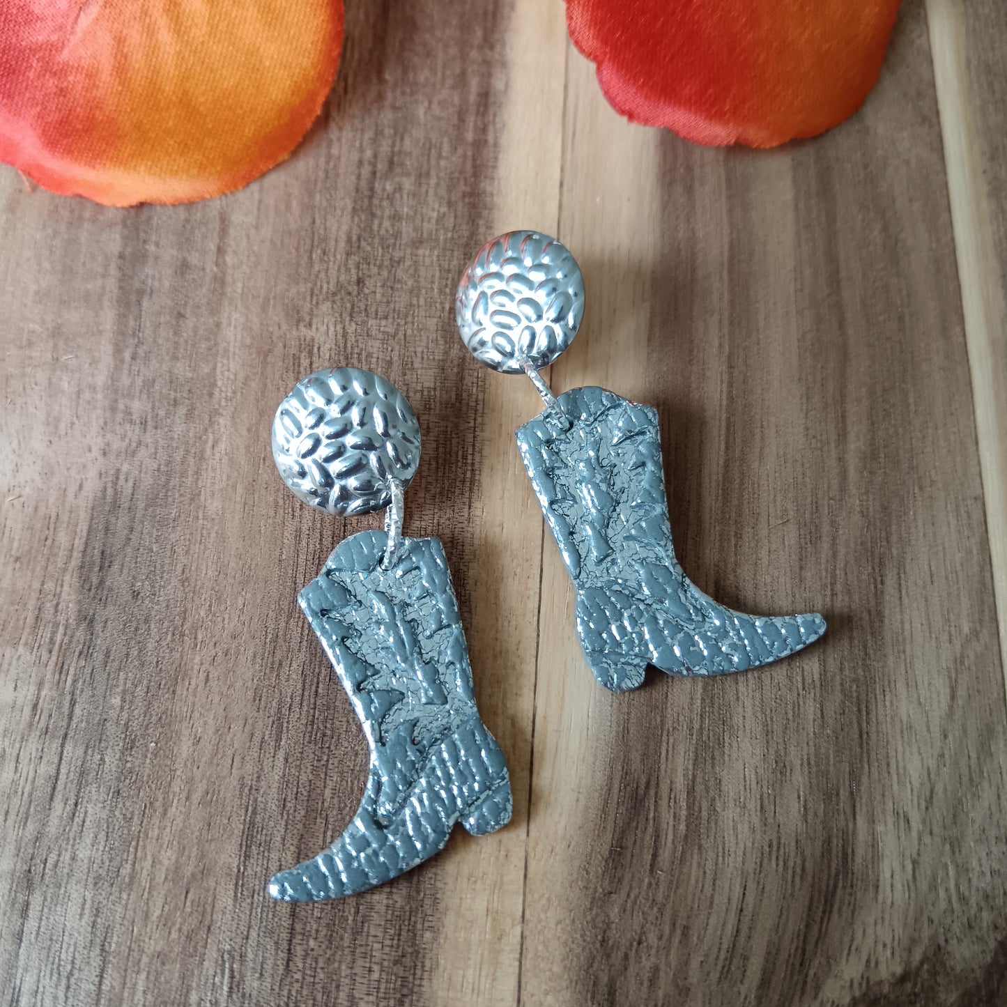 Cowgirl Boots Leather Texture Grey & Silver Stud Earrings