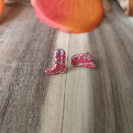 Micro Cowgirl Burnt Orange & Gold Boot & Stetson Stud Earrings