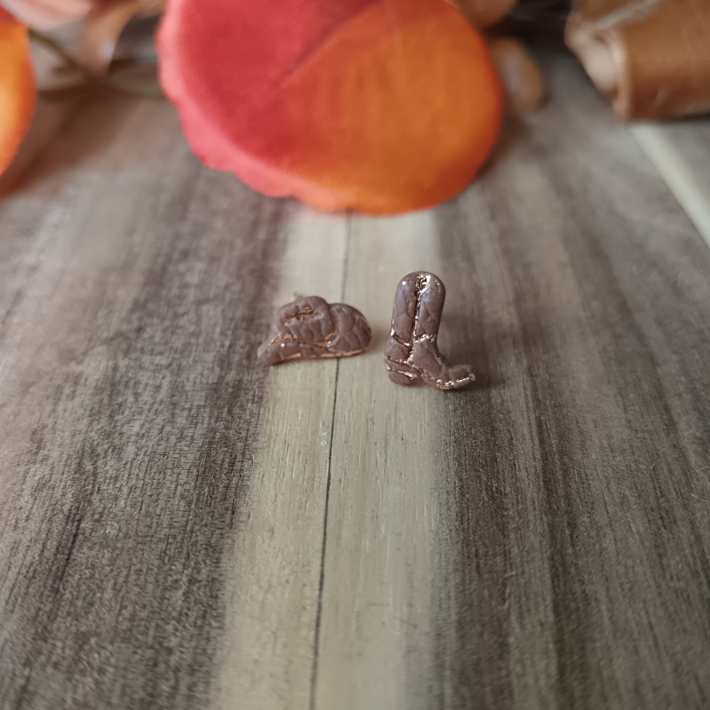 Micro Cowgirl Caramel Brown Boot & Stetson Stud Earrings