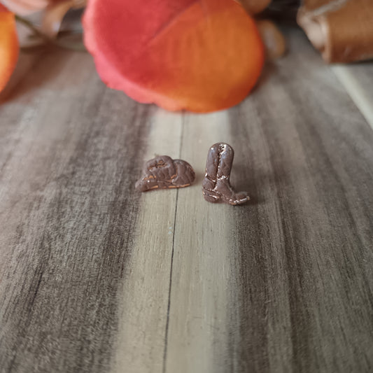 Micro Cowgirl Caramel Brown Boot & Stetson Stud Earrings