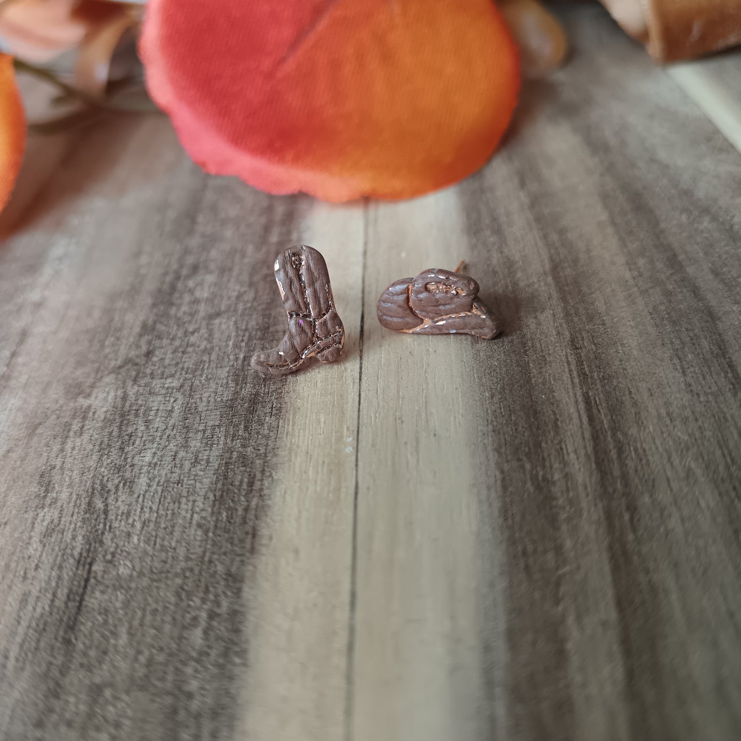 Micro Cowgirl Caramel Brown Boot & Stetson Stud Earrings