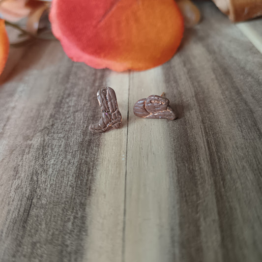 Micro Cowgirl Caramel Brown Boot & Stetson Stud Earrings