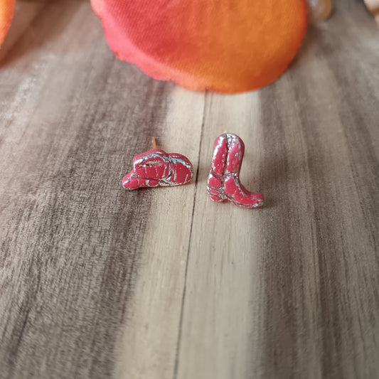 Micro Cowgirl Burnt Orange & Gold Boot & Stetson Stud Earrings