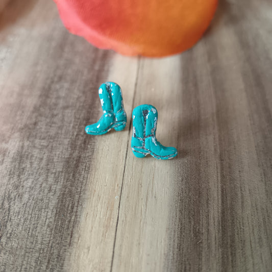 Micro Cowgirl Turquoise & Silver Boots Stud Earrings