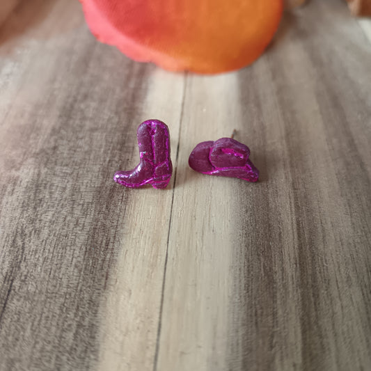 Micro Cowgirl Burgundy Boot & Stetson Stud Earrings
