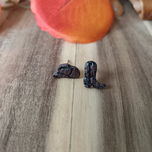Micro Cowgirl Chocolate Brown & Black Boots & Stetson Stud Earrings