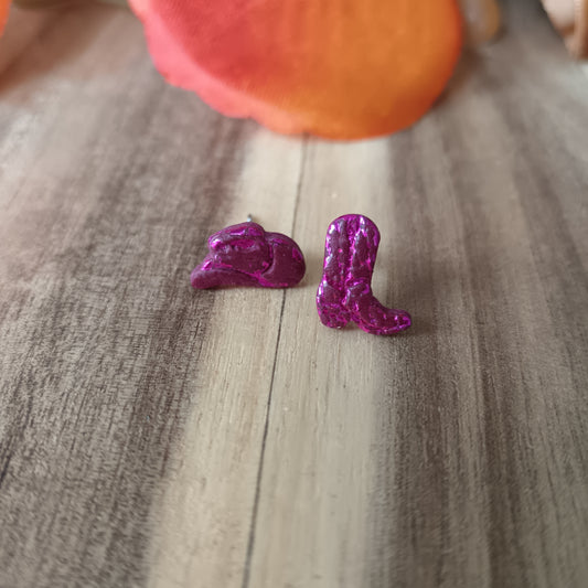 Micro Cowgirl Burgundy Boot & Stetson Stud Earrings