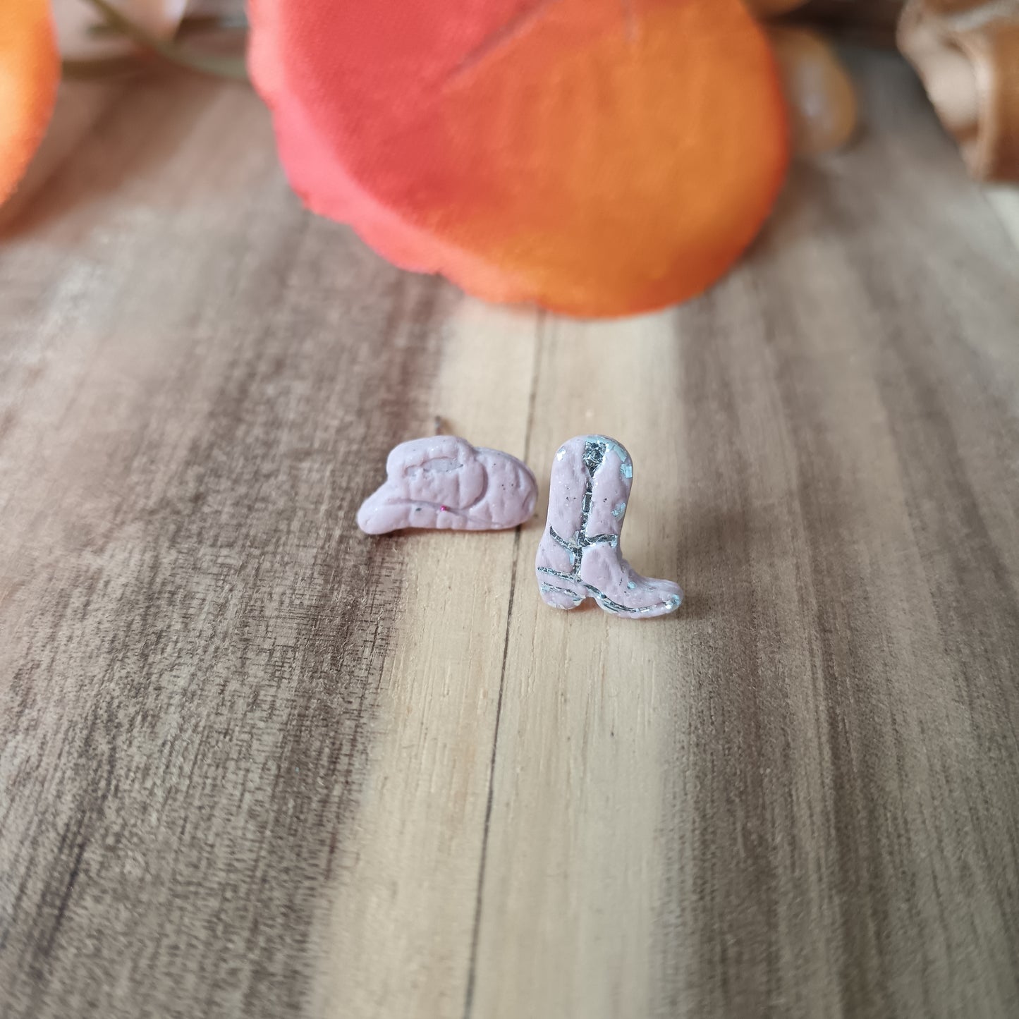 Micro Cowgirl Baby Pink & Silver Boot & Stetson Stud Earrings