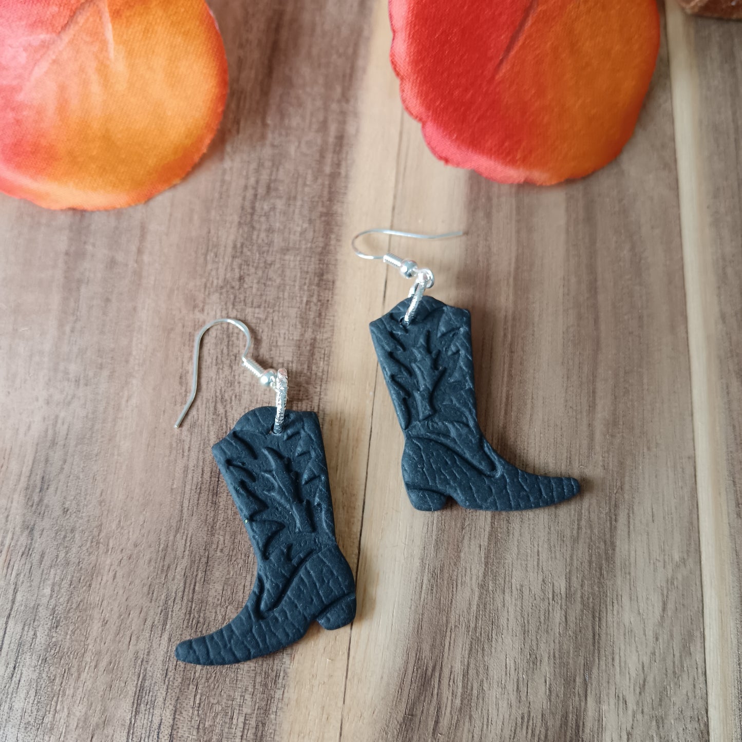 Cowgirl Boots Leather Texture Black & Silver Hook Earrings