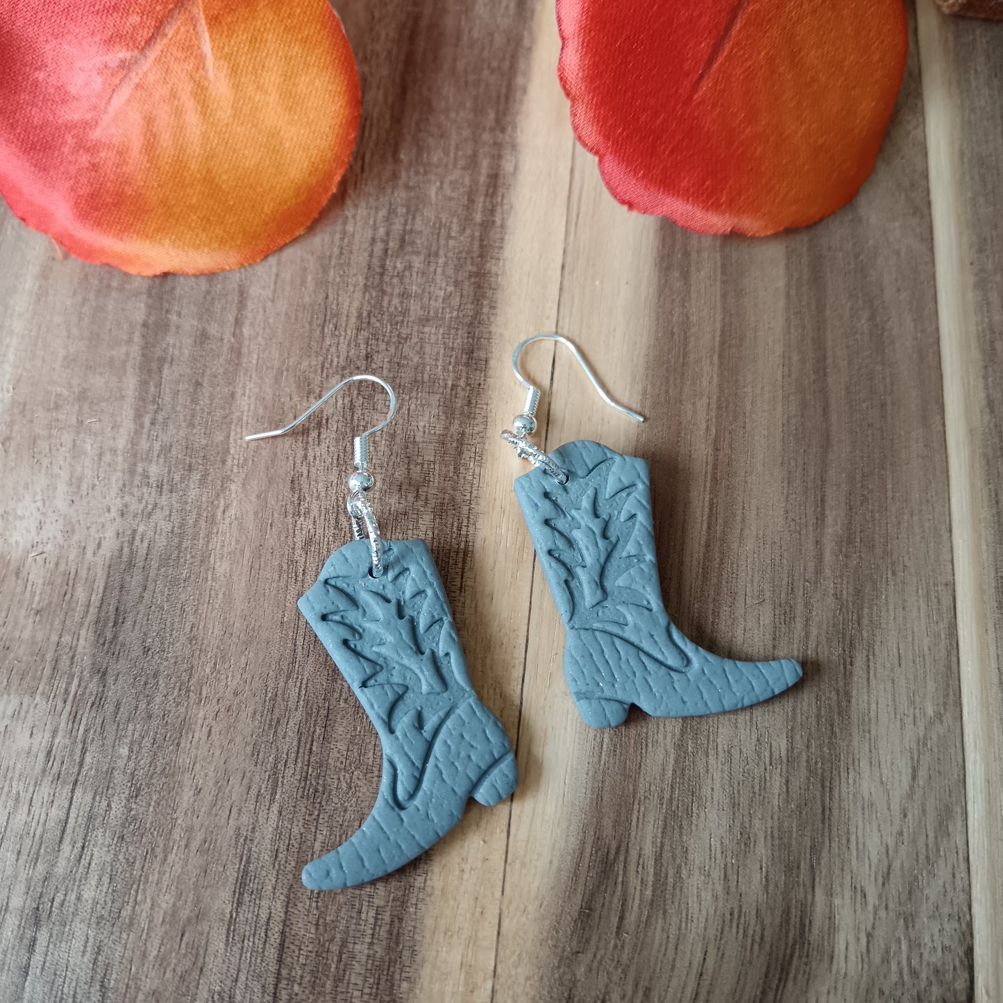 Cowgirl Boots Leather Texture Grey & Silver Hook Earrings
