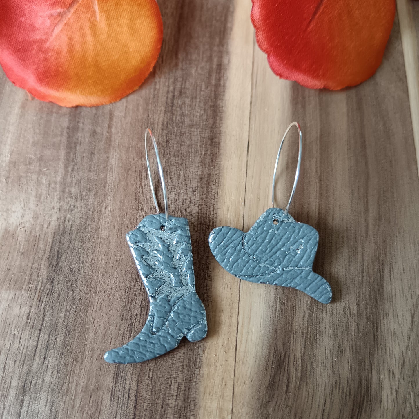 Cowgirl Boots Leather Texture Grey & Silver Hoop Earrings