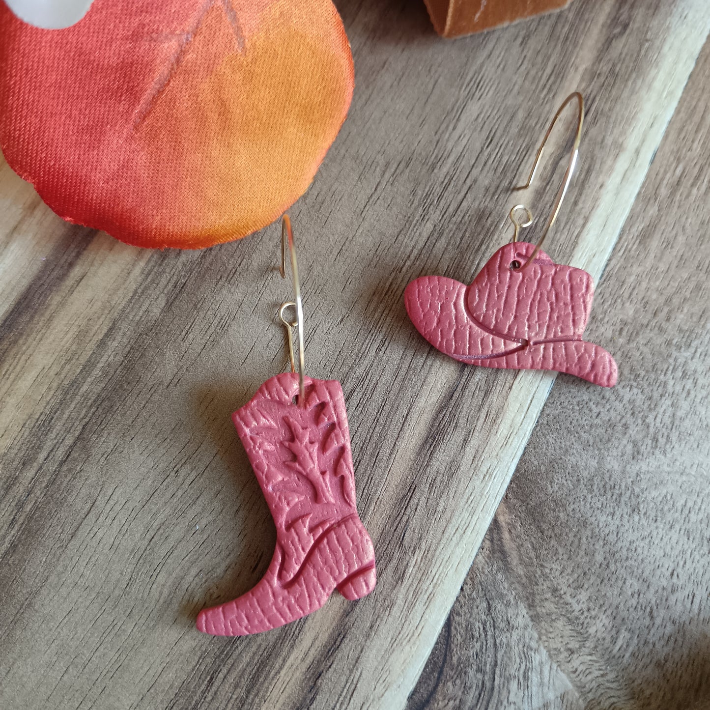 Burnt Orange & Gold Cowgirl Boot & Stetson Leather Texture Hoop Earrings