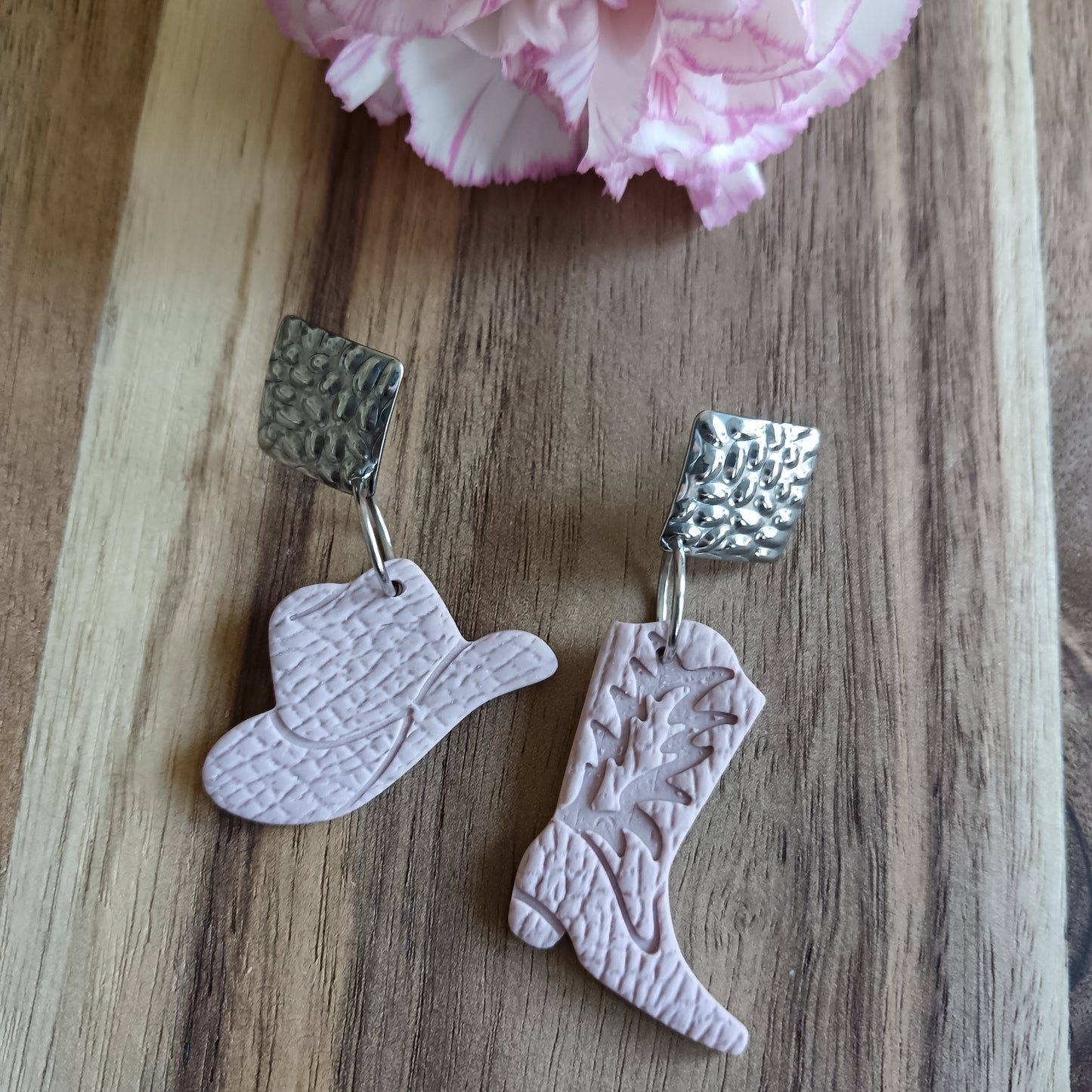 Baby Pink Cowgirl Boot & Stetson Leather Texture Dangle Stud Earrings