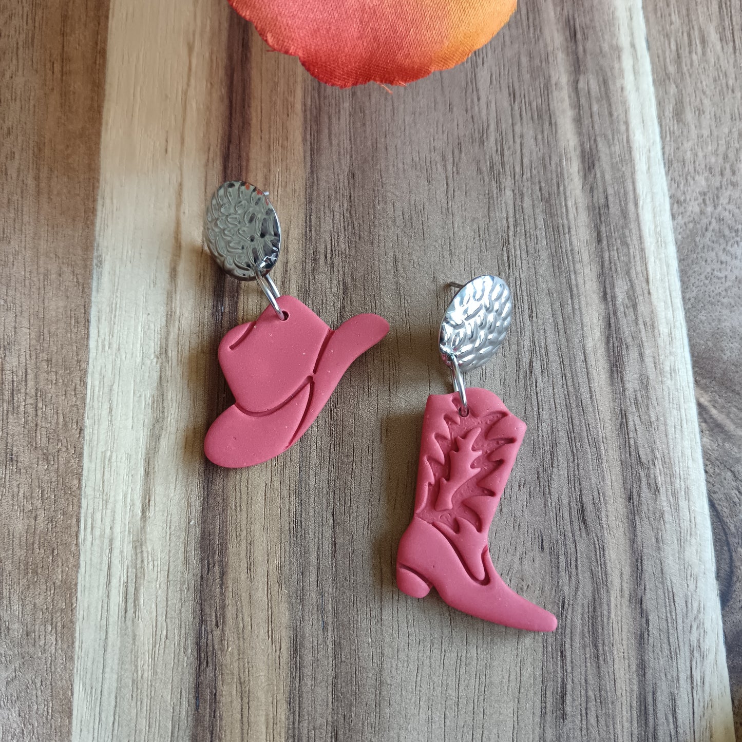 Burnt Orange Cowgirl Boot & Stetson Dangle Stud Earrings
