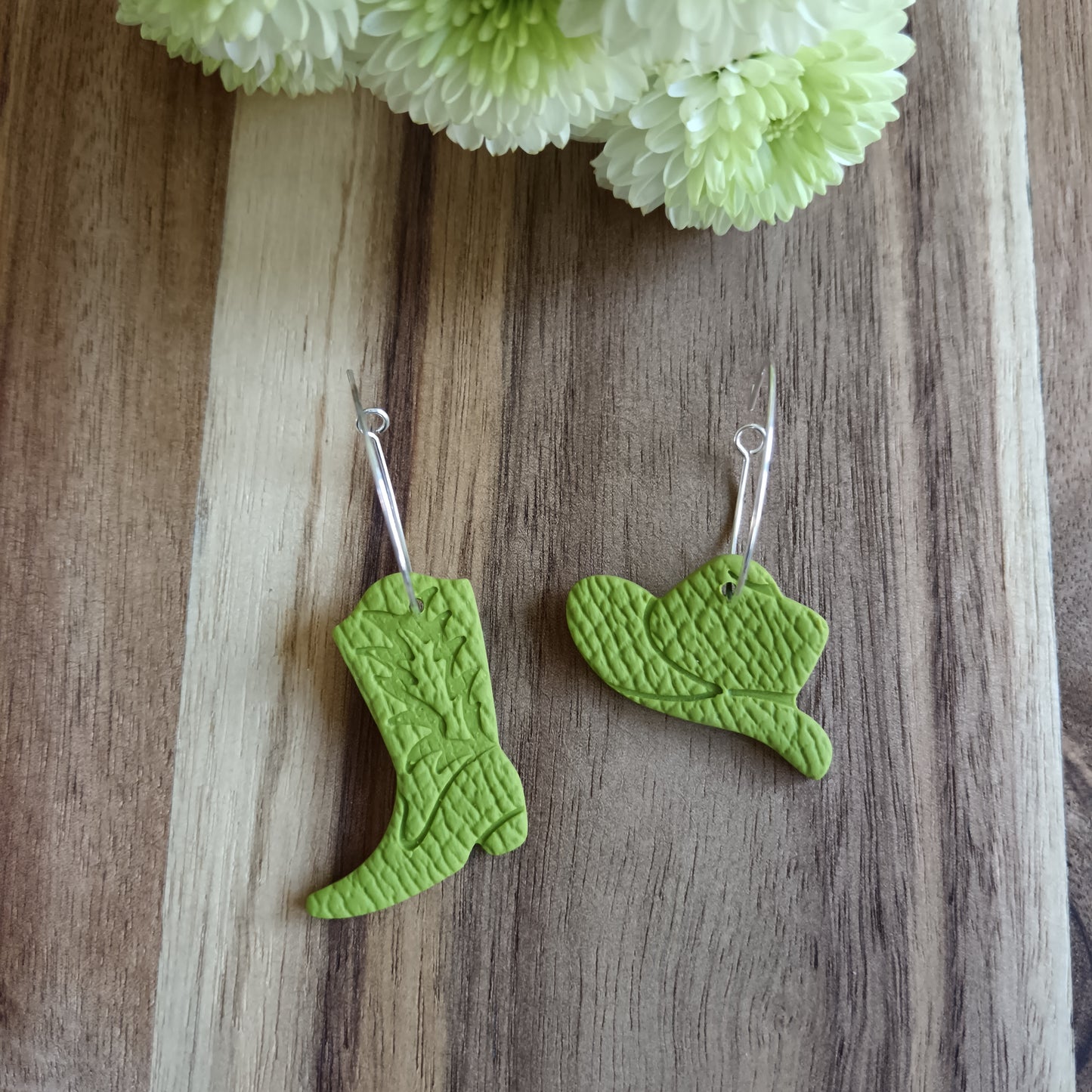 Lime Cowgirl Boot & Stetson Leather Texture Hoop Earrings