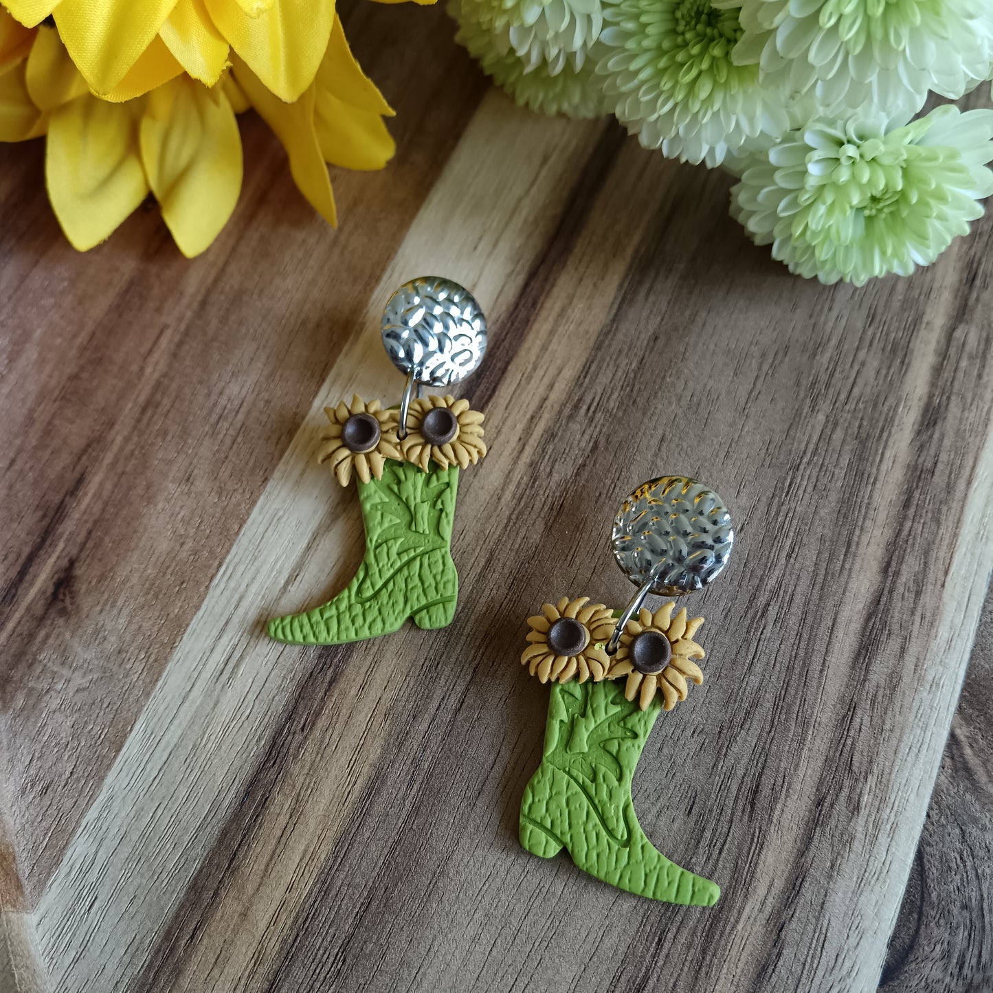 Lime Cowgirl Sunflower Leather Texture Boot Dangle Stud Earrings