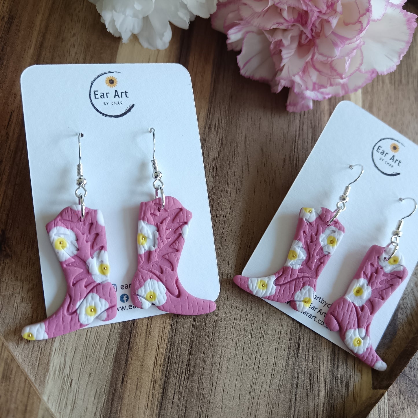 Pink Daisy Cowgirl Boot Leather Texture Hook Earrings