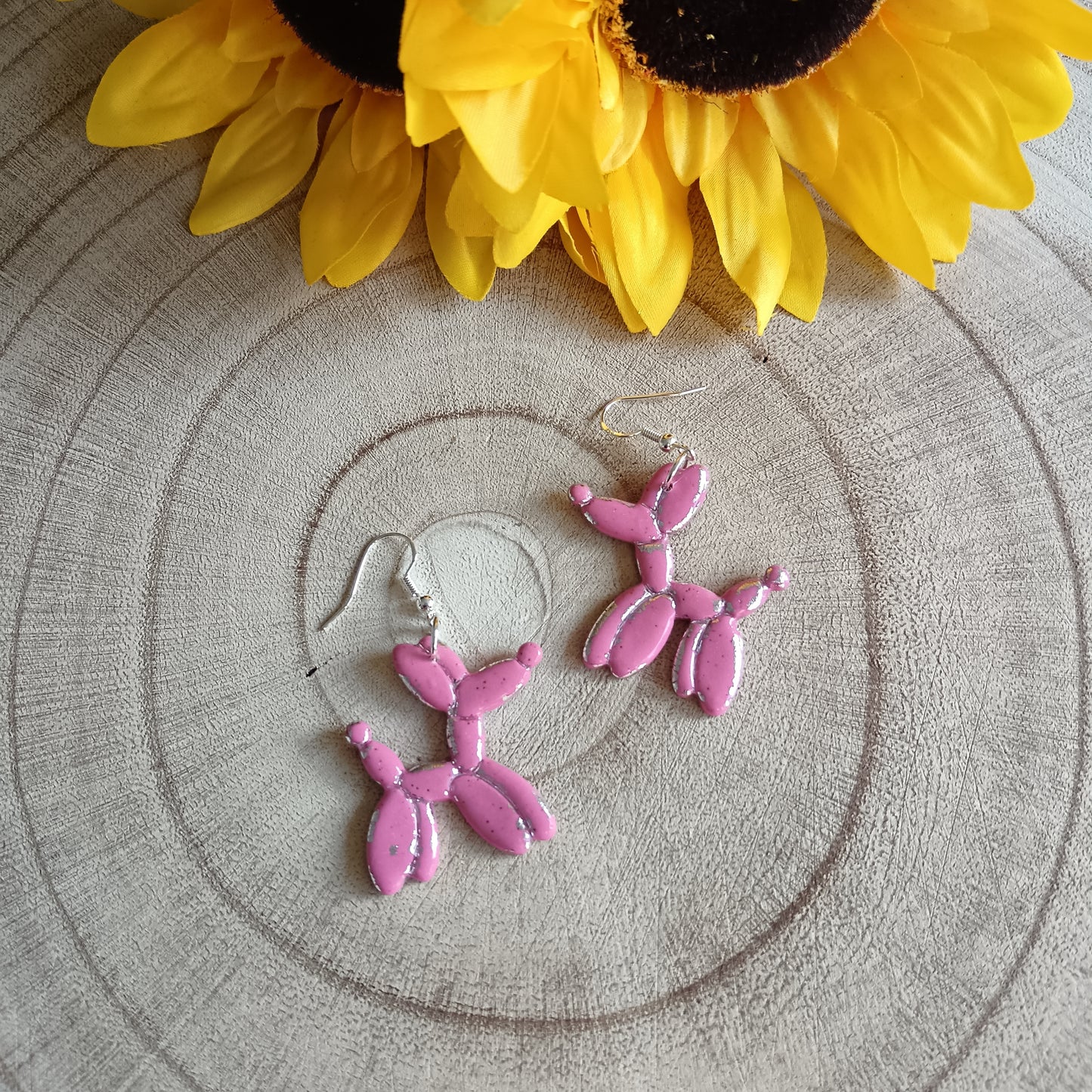 Pink & Silver Balloon Twist Dog Hook Earrings