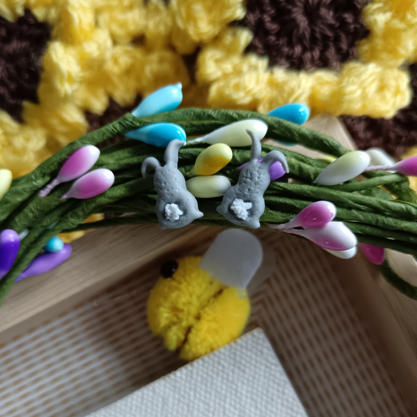 Grey Bunny Fluffy Tail Stud Earrings