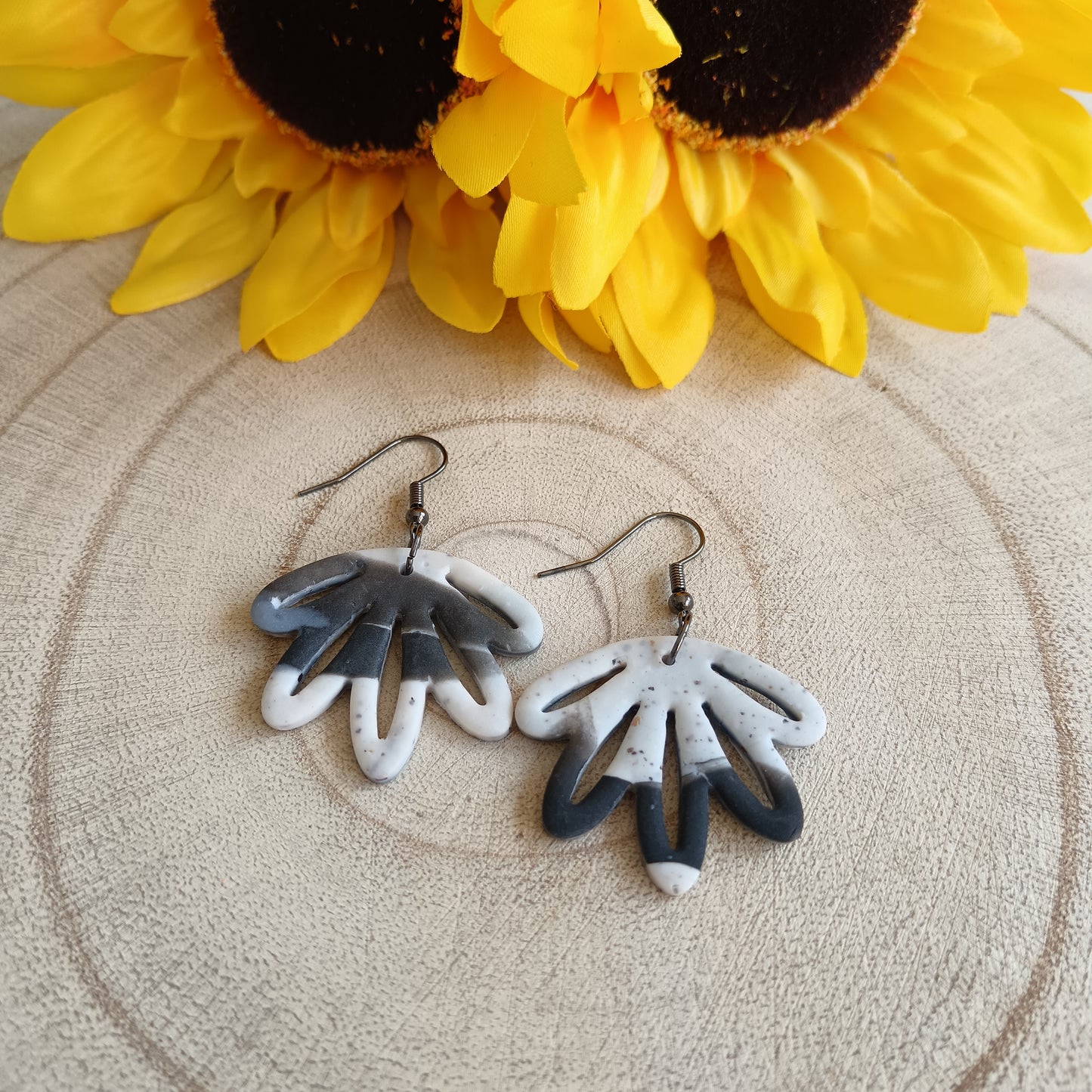 Half Flower Black & Grey Hook Earrings