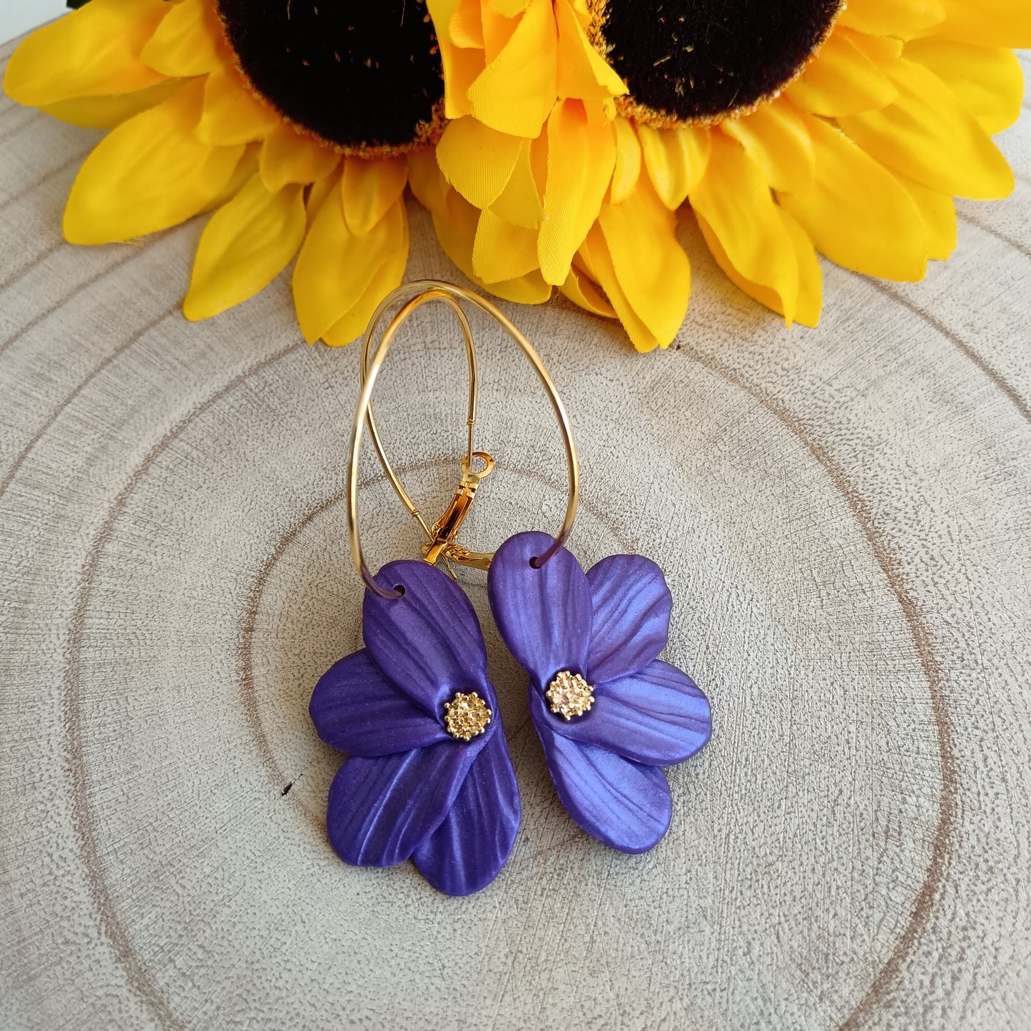 Half Flower Violet Purple & Gold Hoop Earrings