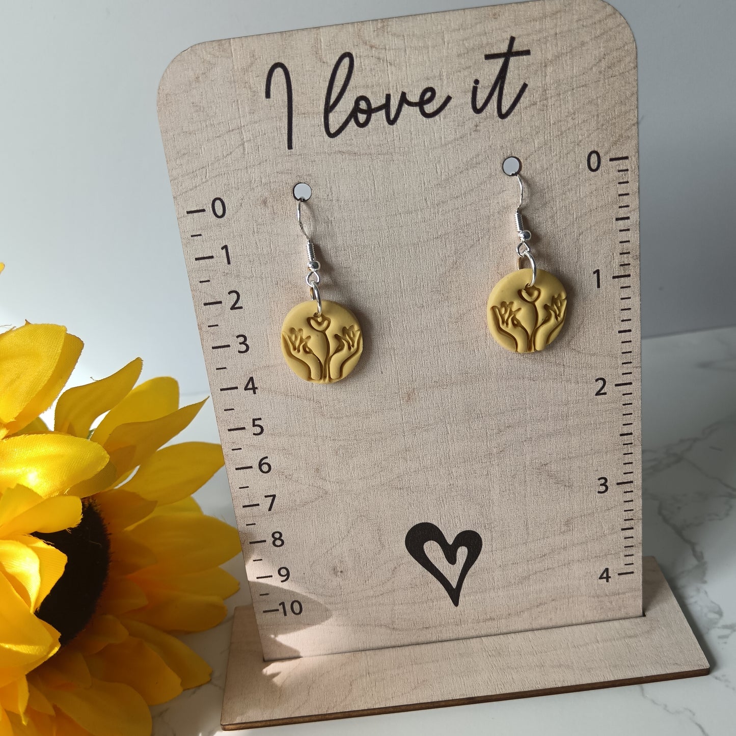 Yellow Hand & Flower Drop Hook Earrings