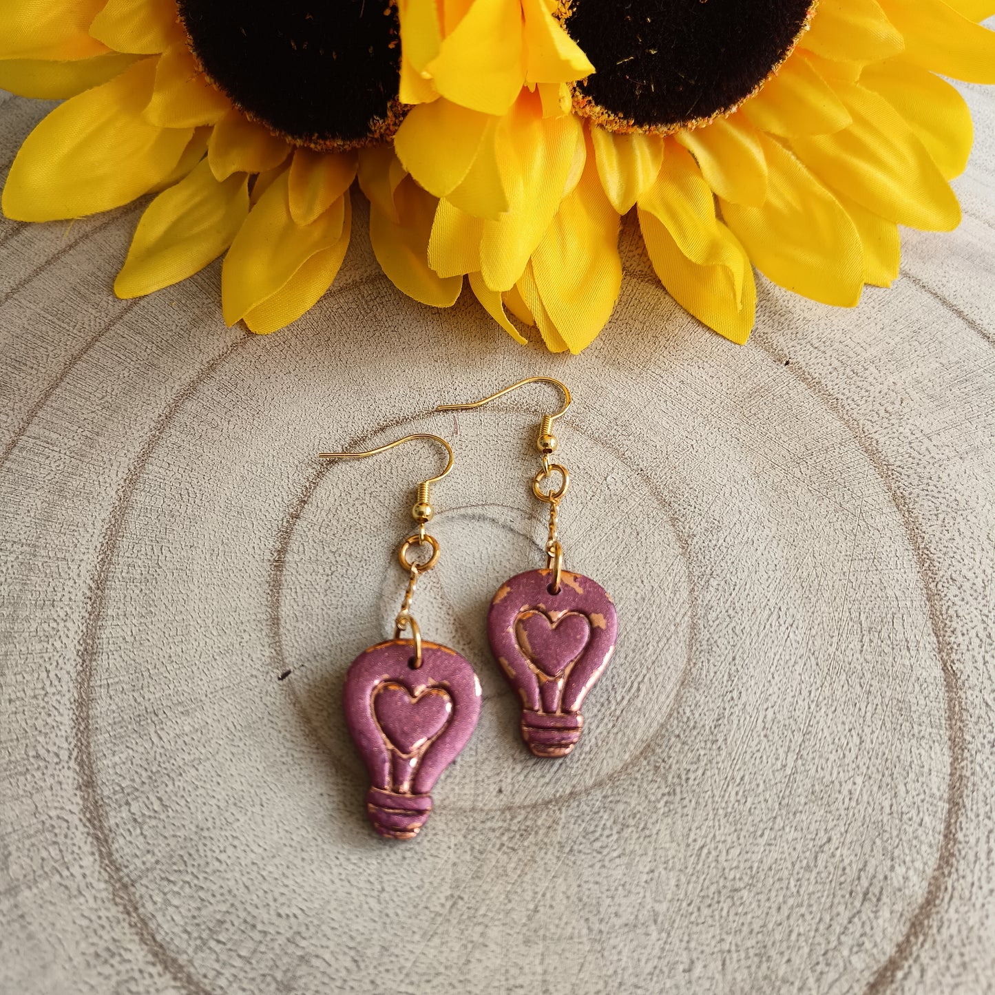 Heart Lightbulb Burgundy & Gold Hook Earrings