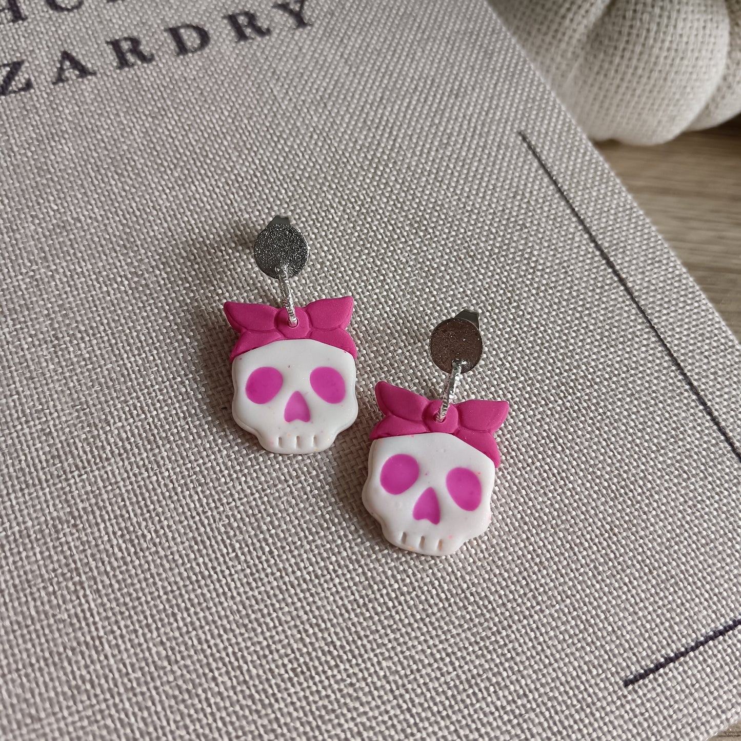 Skull Pink Bow Dangle Stud Earrings