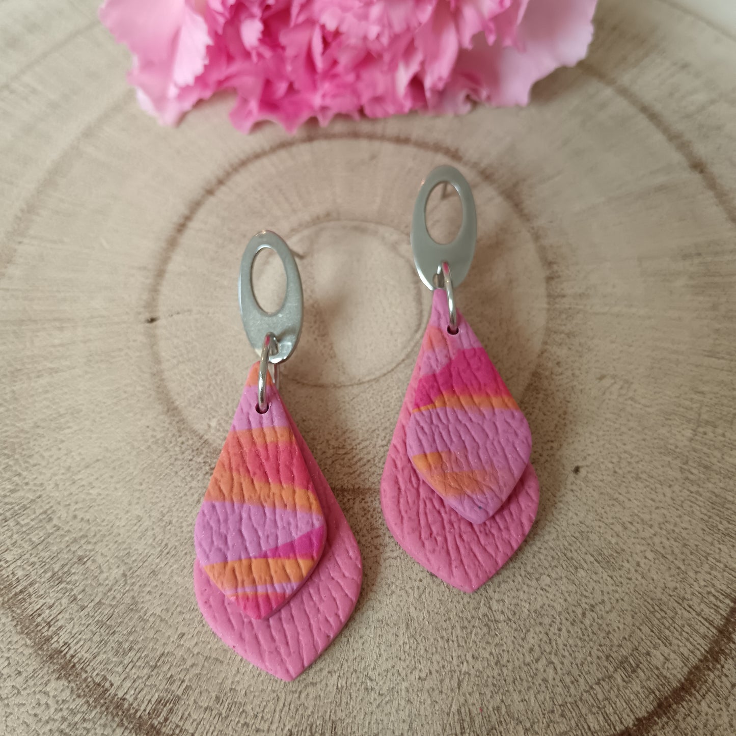 Pink & Orange Leather Texture Layered Teardrop Stud Earrings