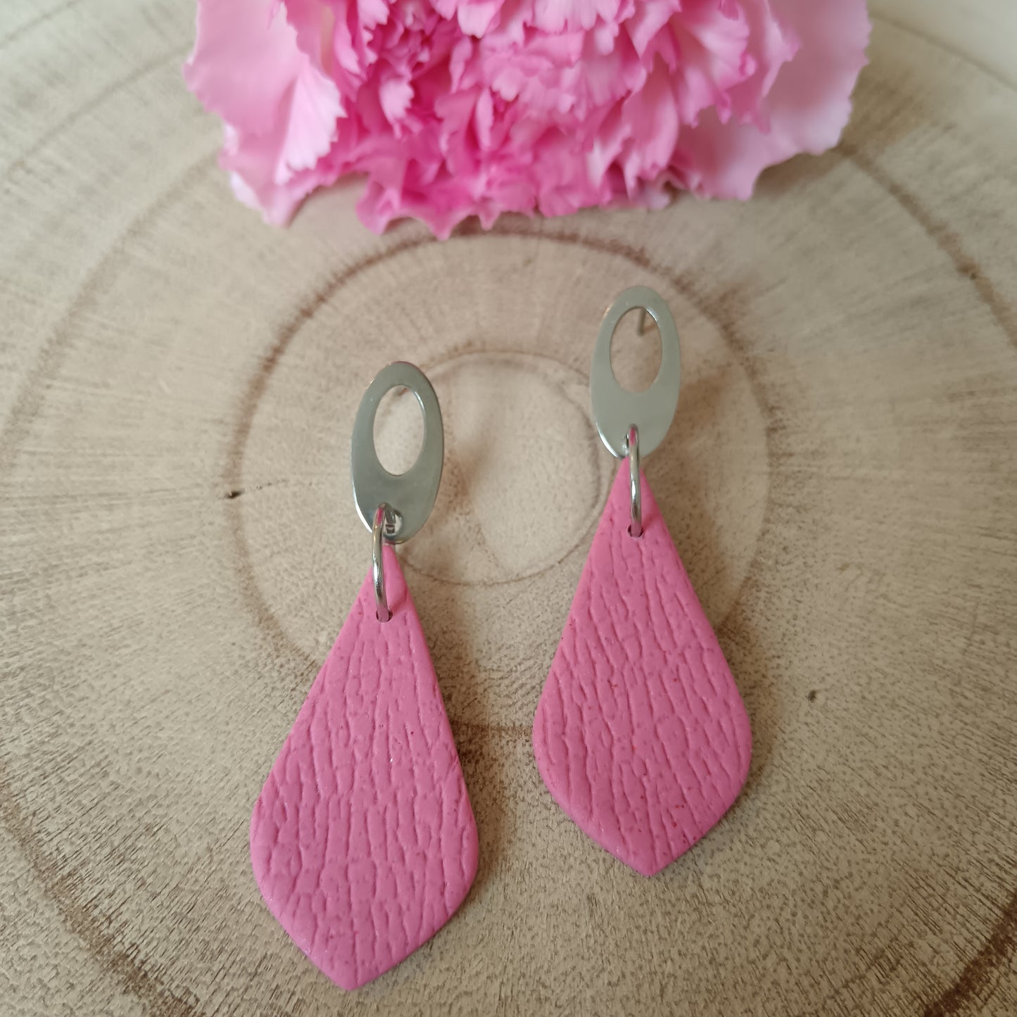 Pink Leather Texture Layered Teardrop Stud Earrings