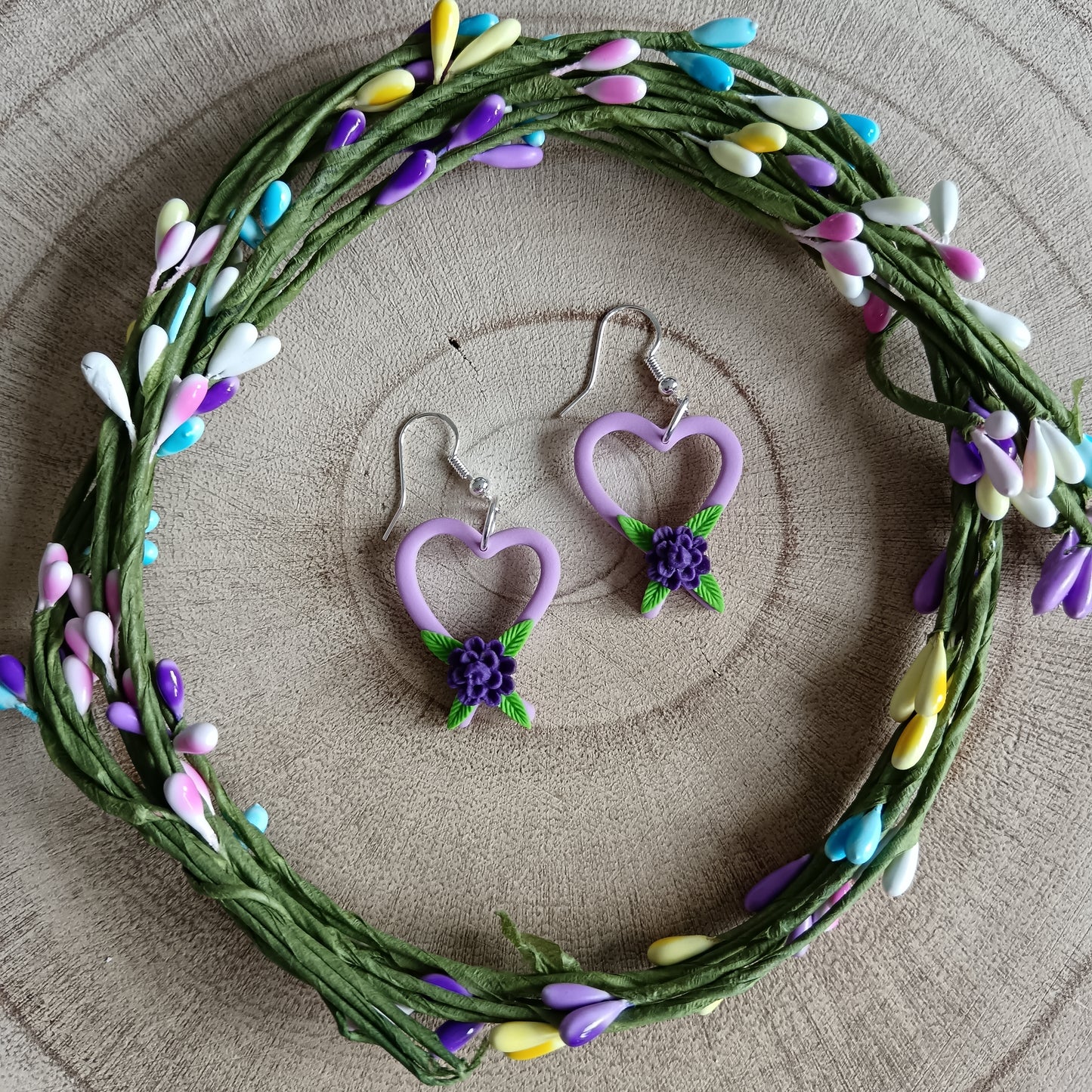 Purple Chrysanthemum Heart Dangle Hook Earrings