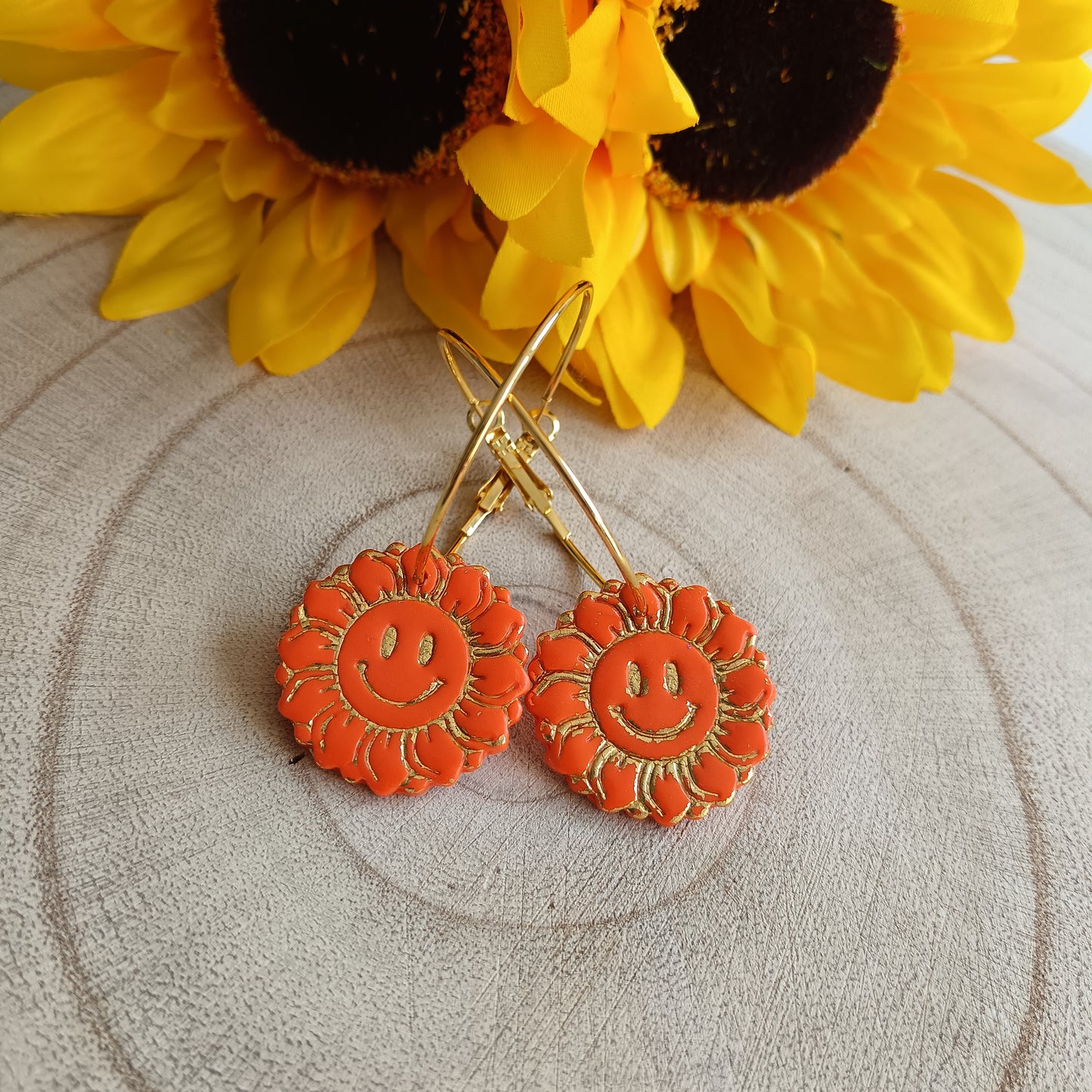 Smiley Sunflower Orange Hoop Earrings