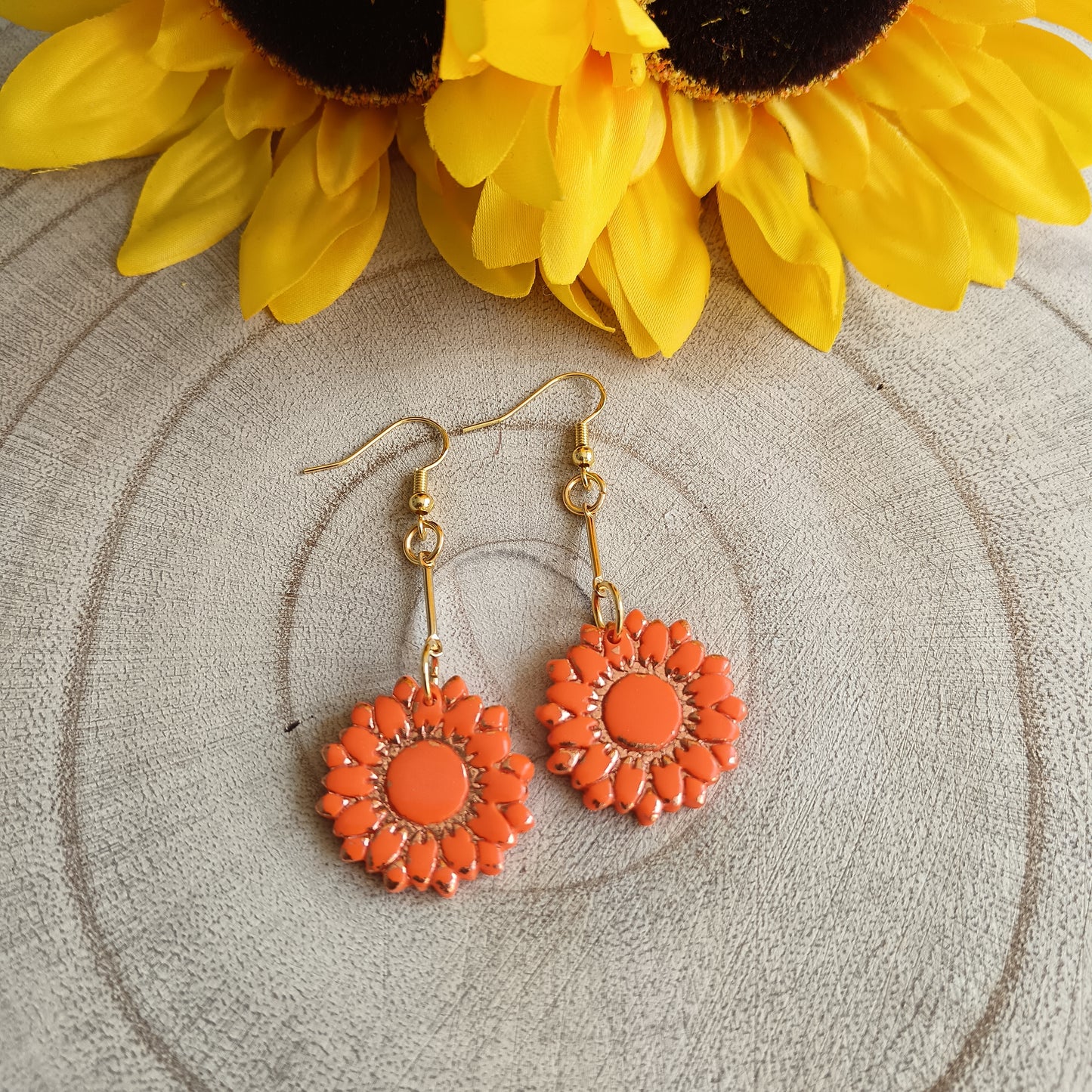 Sunflower Orange & Gold Hook Earrings