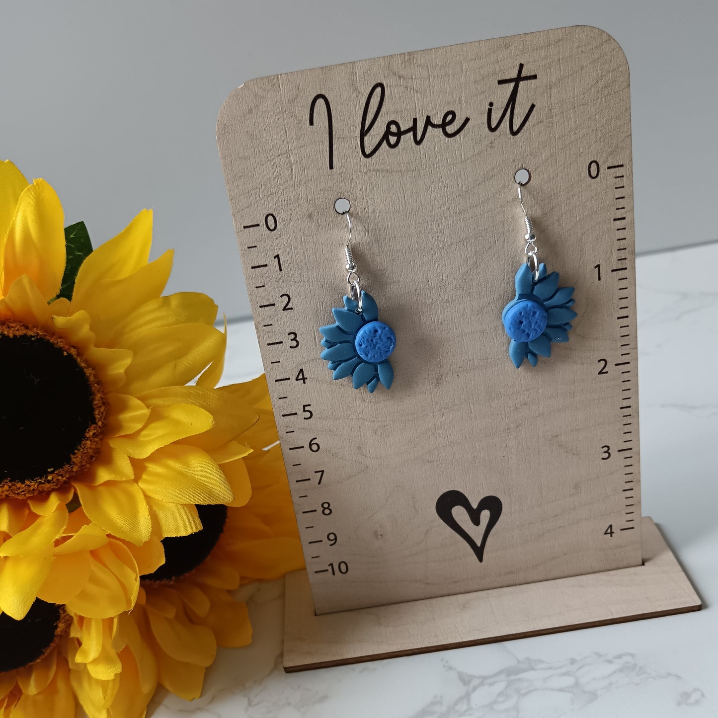 Blue Sunflower Dangle Hook Earrings